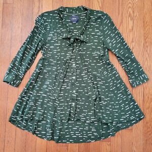 Maeve Anthropologie Green White Cloud Print Tie Neck Tunic Top XS Earthy Dainty